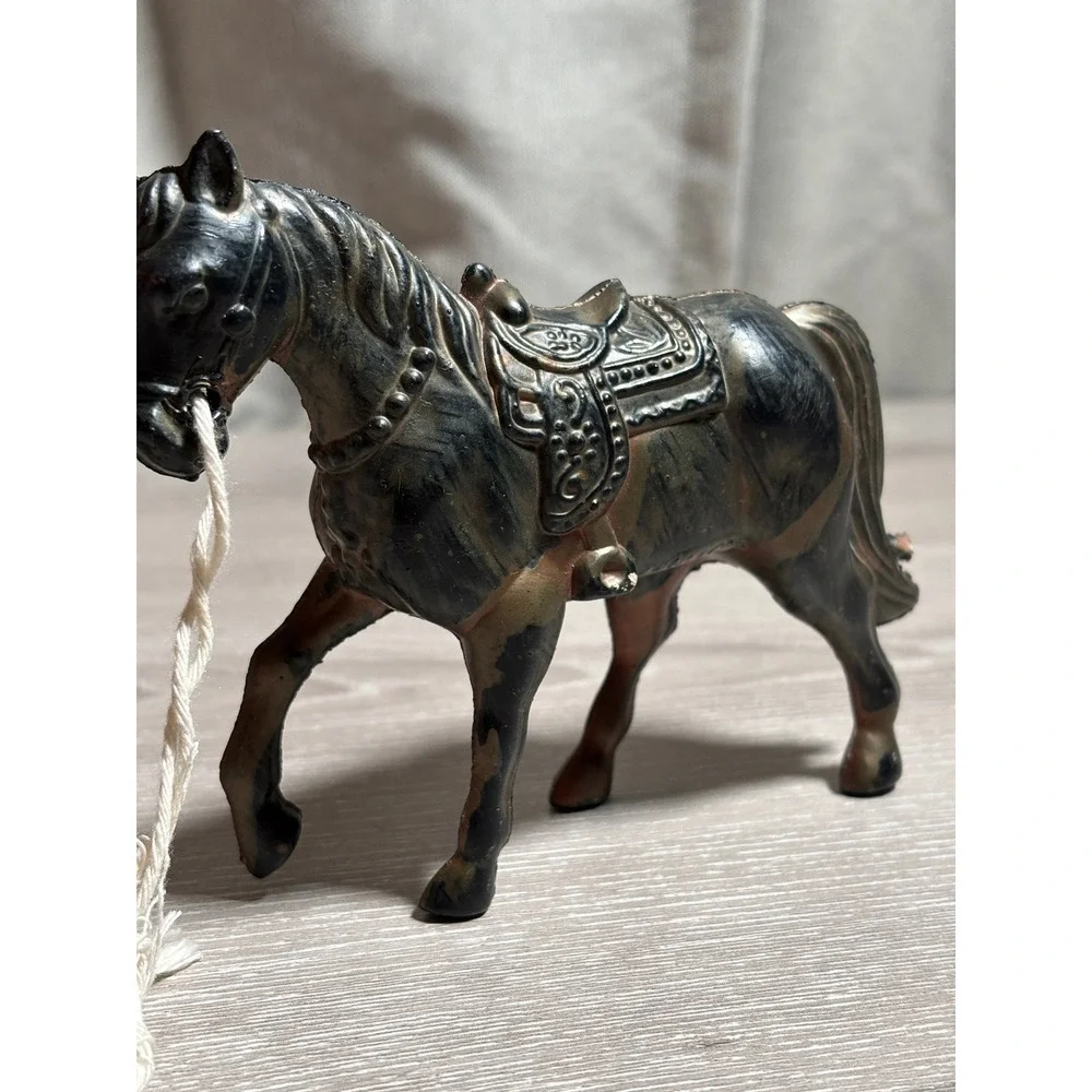 Vintage Hong Kong‎ Plastic Horse Figurine Black Copper Western Saddle Lead Rope